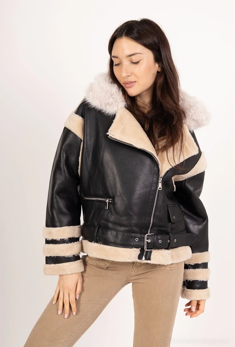 Veste aviateur bi matière en simili cuir et shearling - RIVE GAUCHE