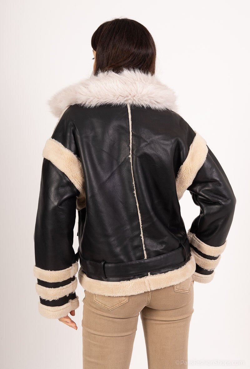 Veste aviateur bi matière en simili cuir et shearling - RIVE GAUCHE