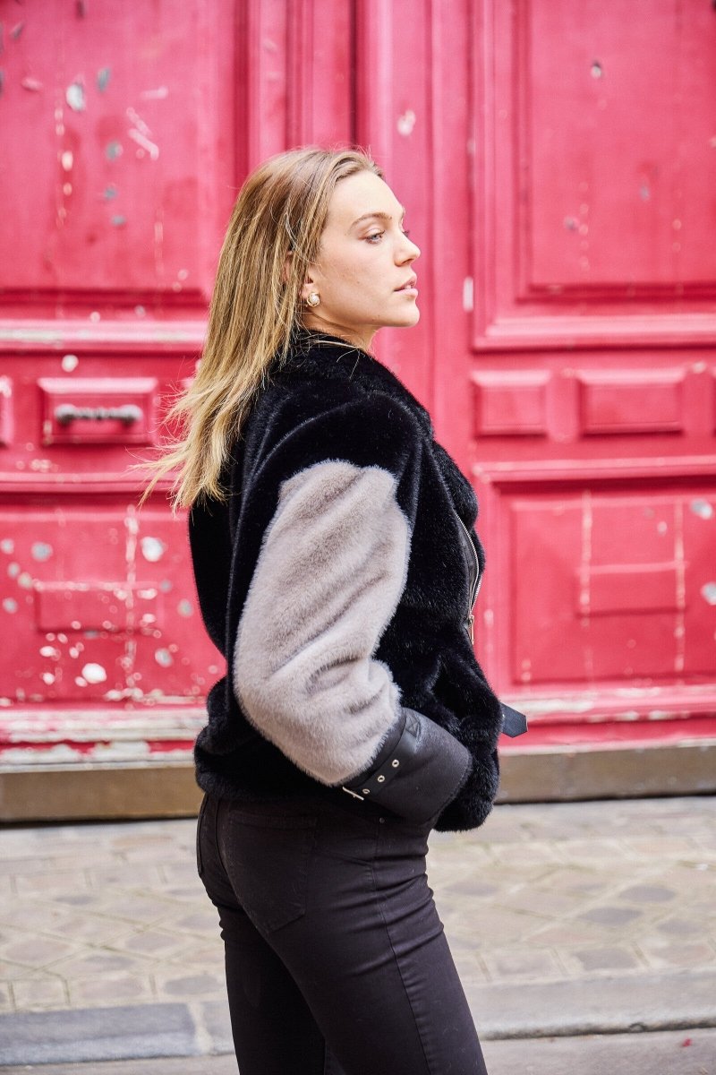 Veste aviateur bimatière en fausse fourrure grise et simili cuir - RIVE GAUCHE