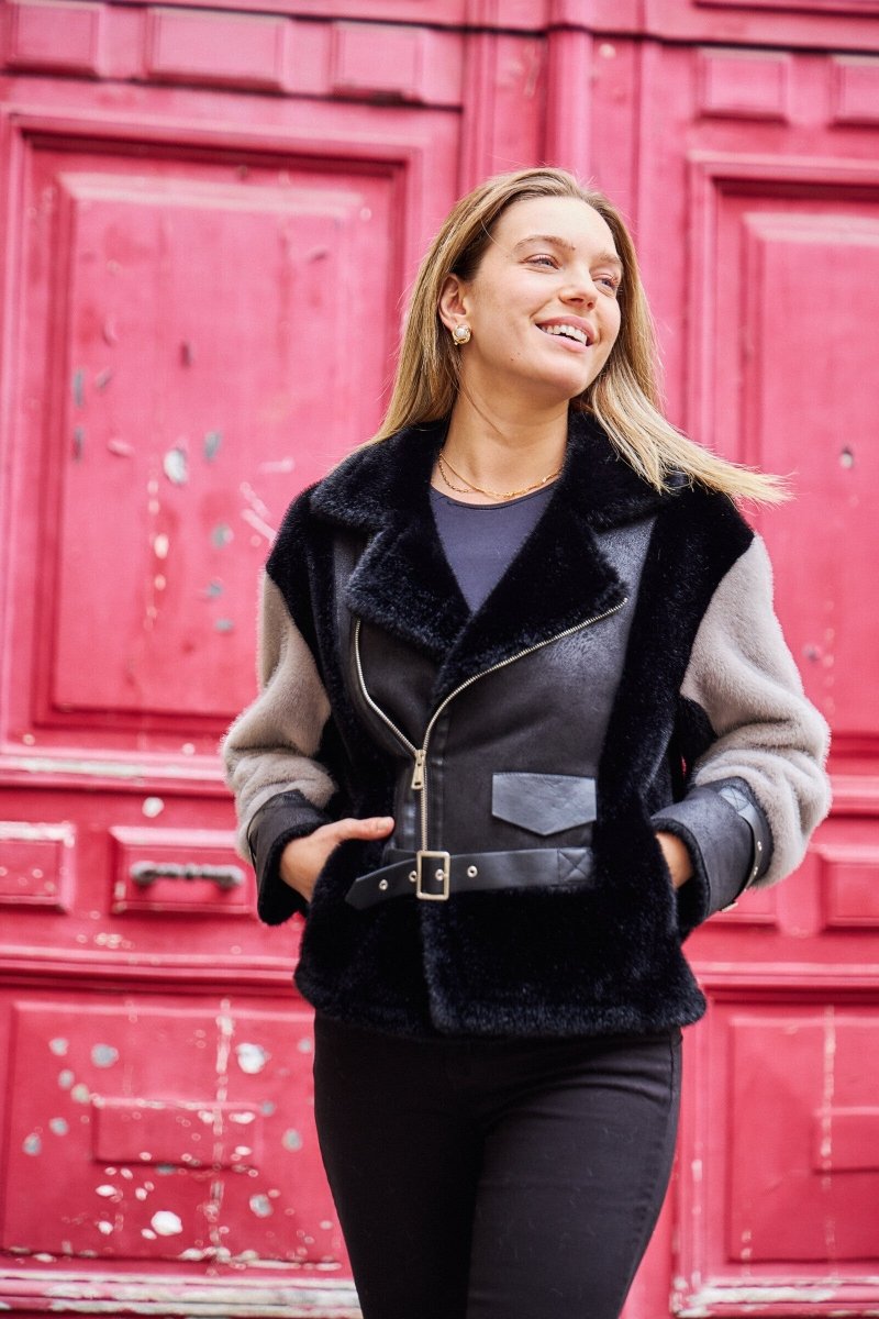 Veste aviateur bimatière en fausse fourrure grise et simili cuir - RIVE GAUCHE