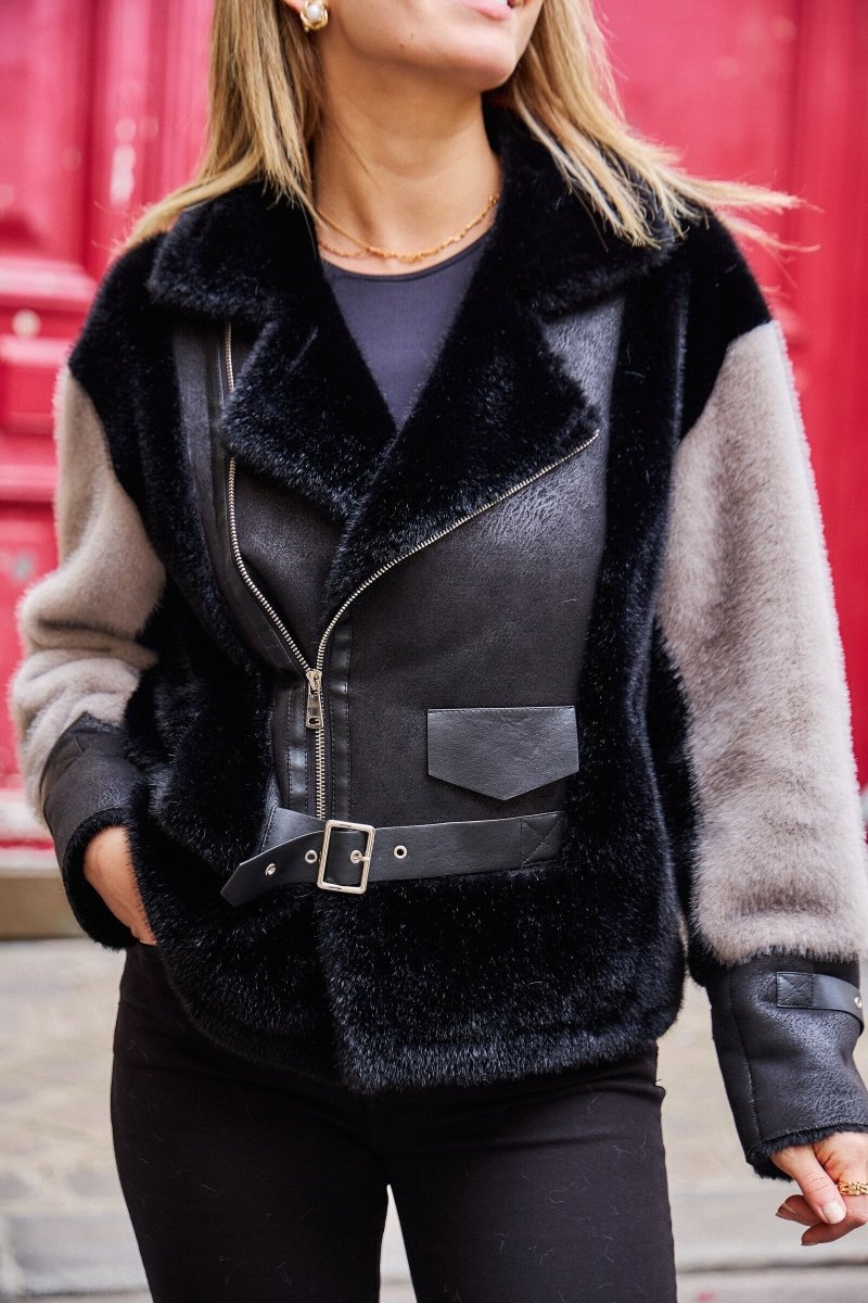 Veste aviateur bimatière en fausse fourrure grise et simili cuir - RIVE GAUCHE