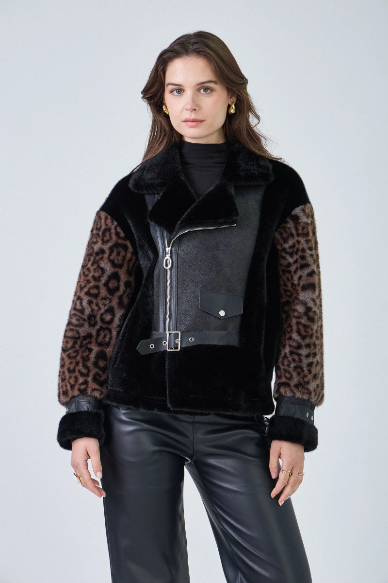 Veste aviateur bimatière en fausse fourrure léopard et simili cuir - RIVE GAUCHE