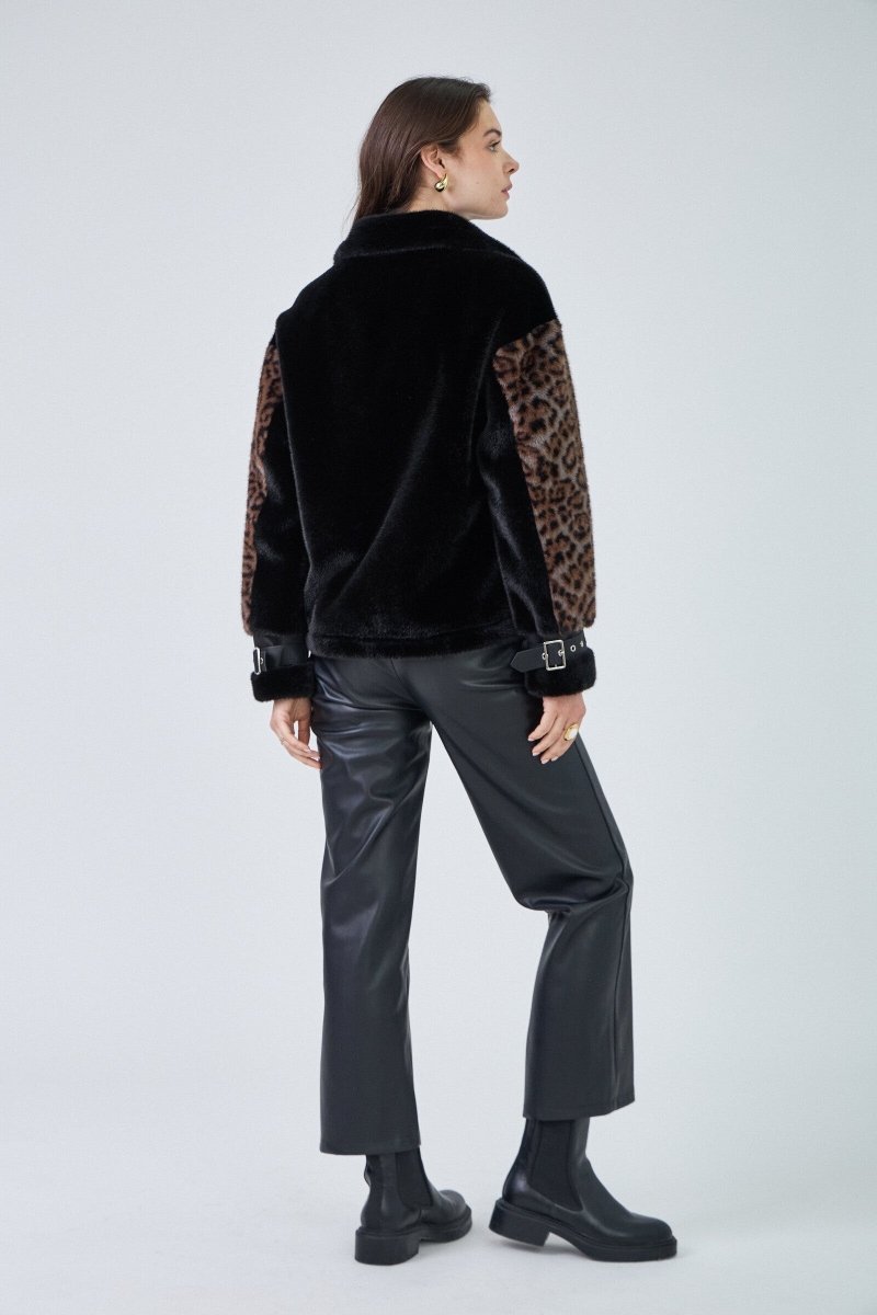 Veste aviateur bimatière en fausse fourrure léopard et simili cuir - RIVE GAUCHE