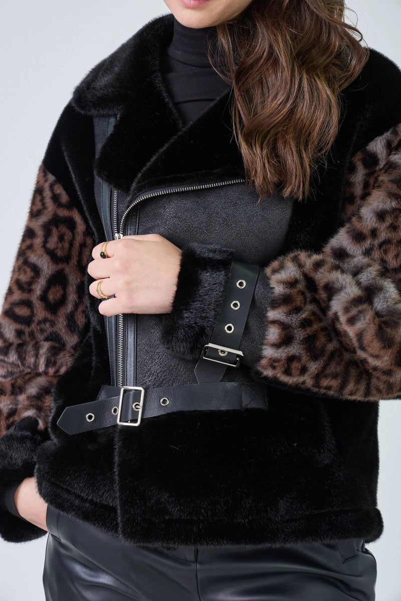 Veste aviateur bimatière en fausse fourrure léopard et simili cuir - RIVE GAUCHE