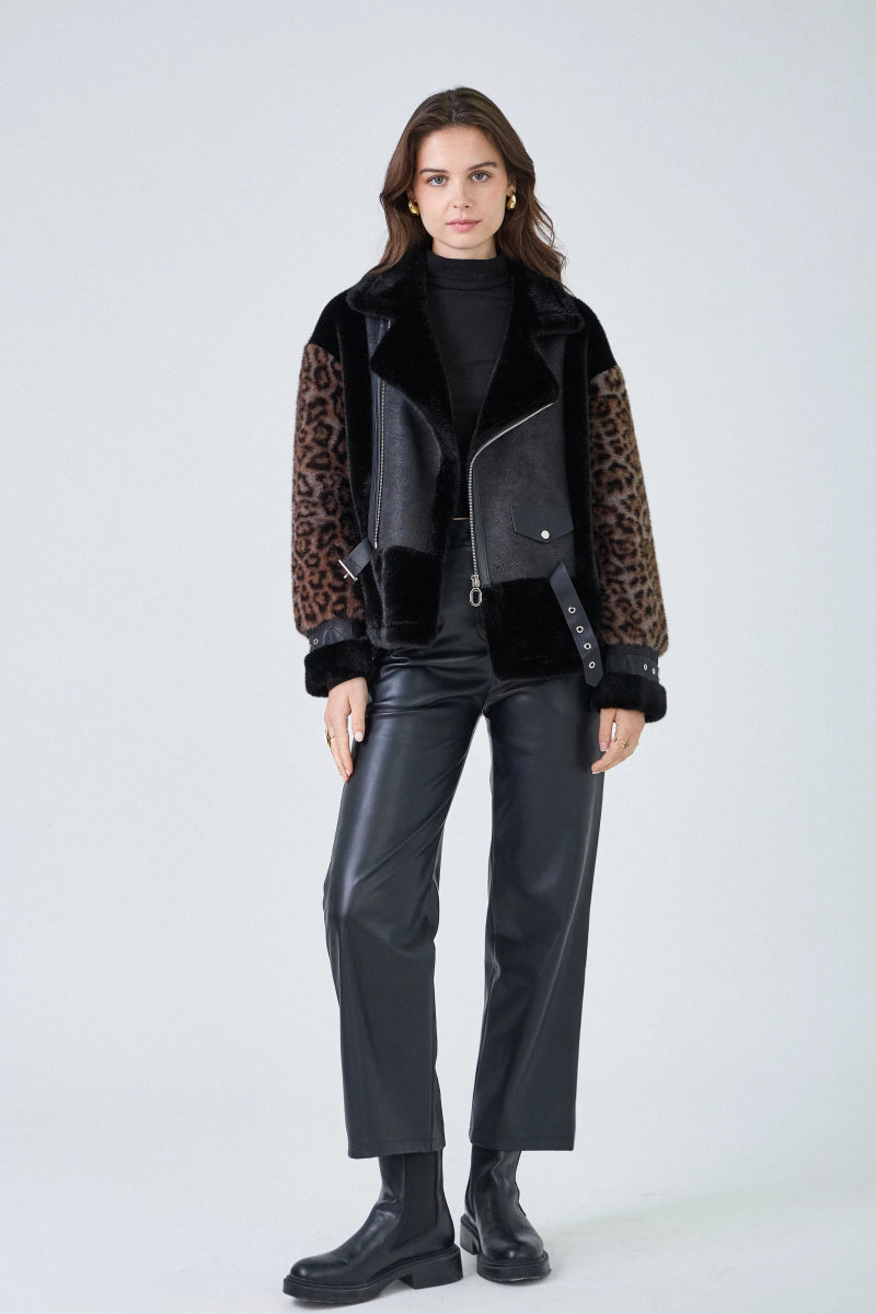 Veste aviateur bimatière en fausse fourrure léopard et simili cuir - RIVE GAUCHE