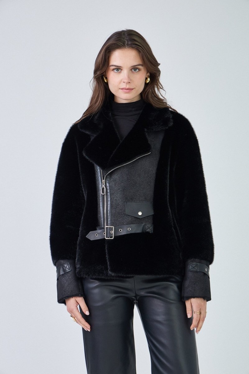 Veste aviateur bimatière en fausse fourrure noire et simili cuir - RIVE GAUCHE