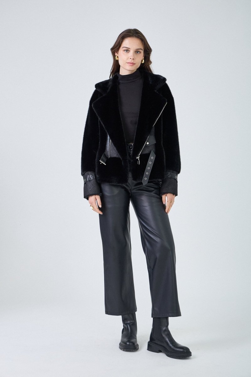 Veste aviateur bimatière en fausse fourrure noire et simili cuir - RIVE GAUCHE