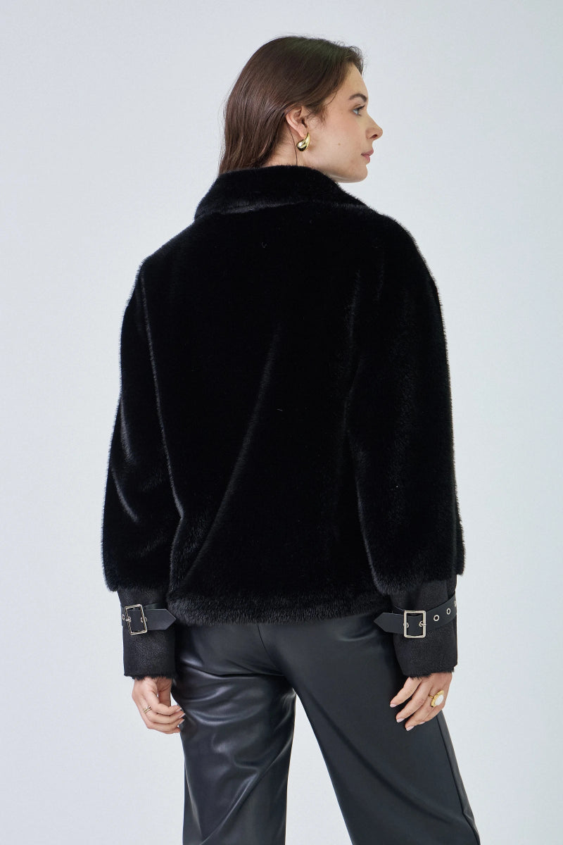 Veste aviateur bimatière en fausse fourrure noire et simili cuir - RIVE GAUCHE