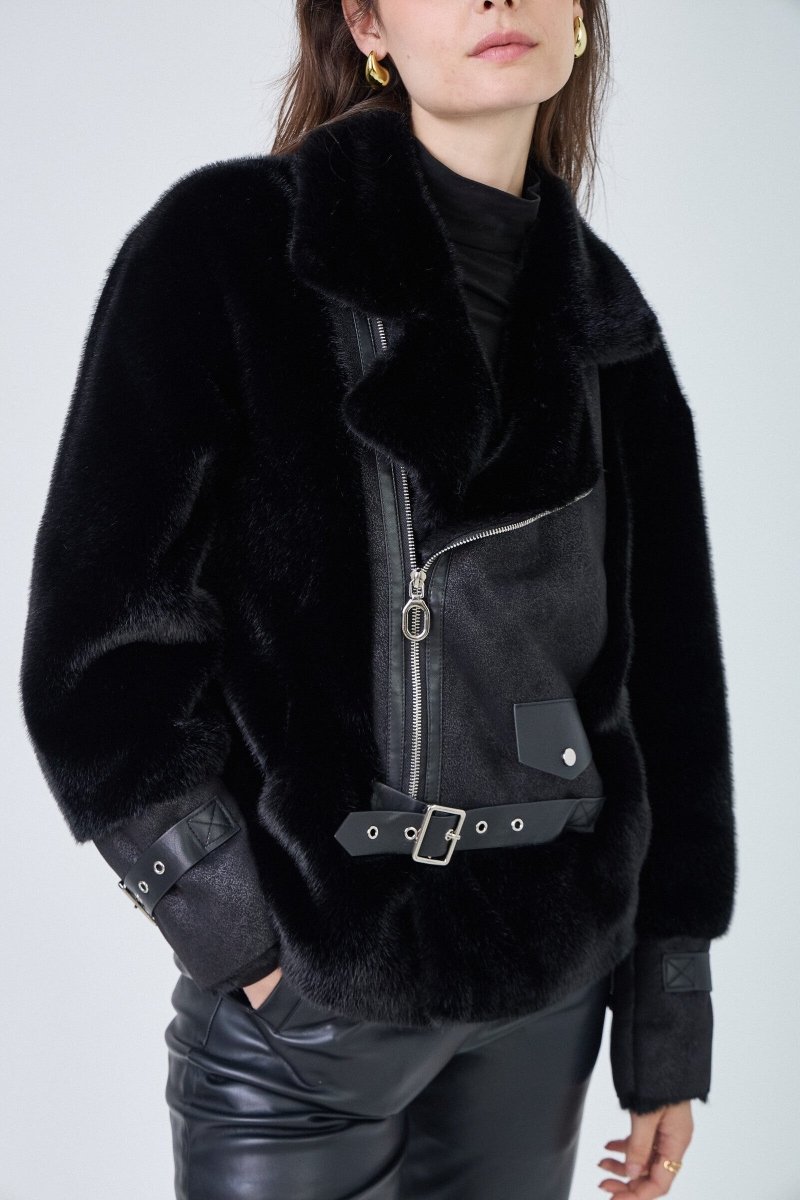 Veste aviateur bimatière en fausse fourrure noire et simili cuir - RIVE GAUCHE