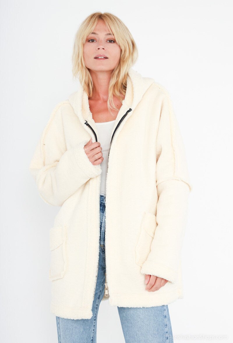 Veste aviateur blanche en fausse peau avec capuche - RIVE GAUCHE