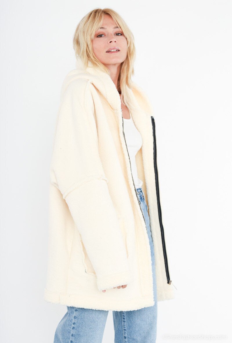 Veste aviateur blanche en fausse peau avec capuche - RIVE GAUCHE