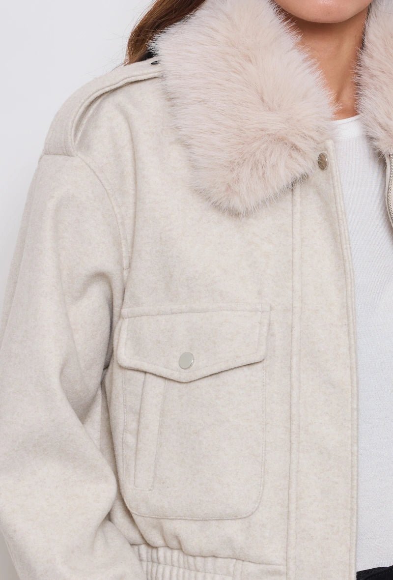 Veste aviateur en lainage écrue avec col fourrure - RIVE GAUCHE