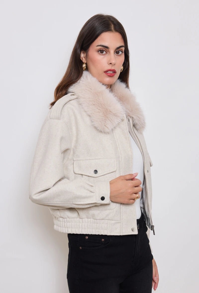 Veste aviateur en lainage écrue avec col fourrure - RIVE GAUCHE