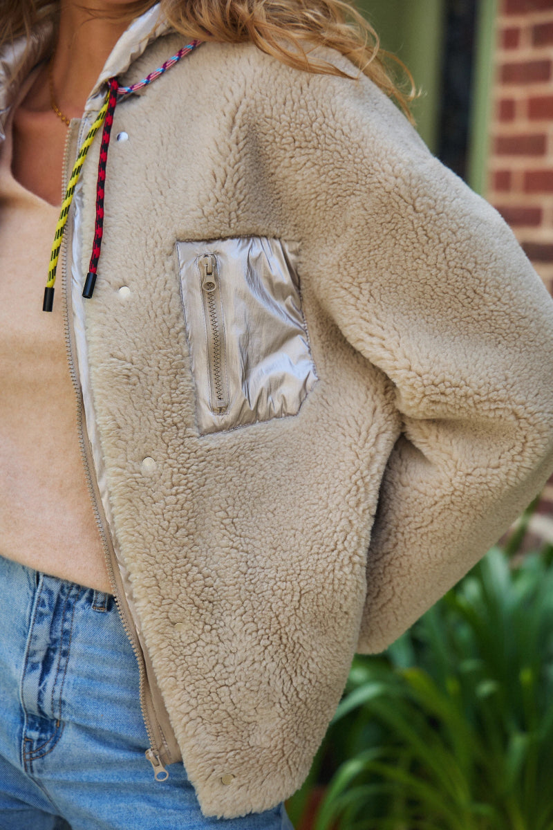 Veste bi - matière beige en shearling avec capuche brillante amovible - RIVE GAUCHE