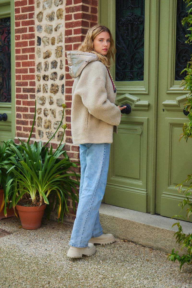 Veste bi - matière beige en shearling avec capuche brillante amovible - RIVE GAUCHE
