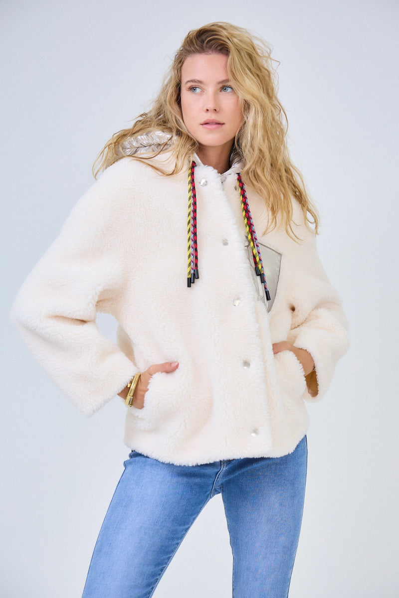 Veste bi - matière écru en shearling avec capuche brillante amovible - RIVE GAUCHE