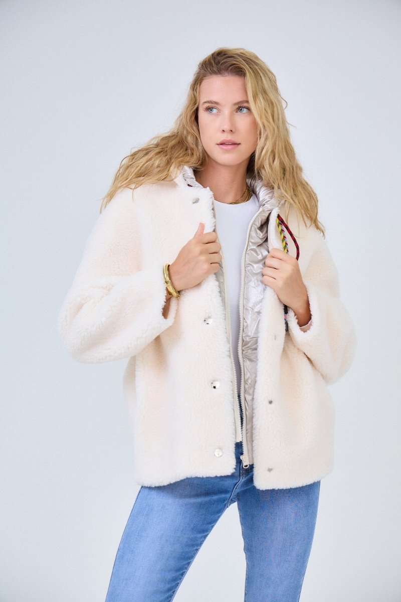 Veste bi - matière écru en shearling avec capuche brillante amovible - RIVE GAUCHE