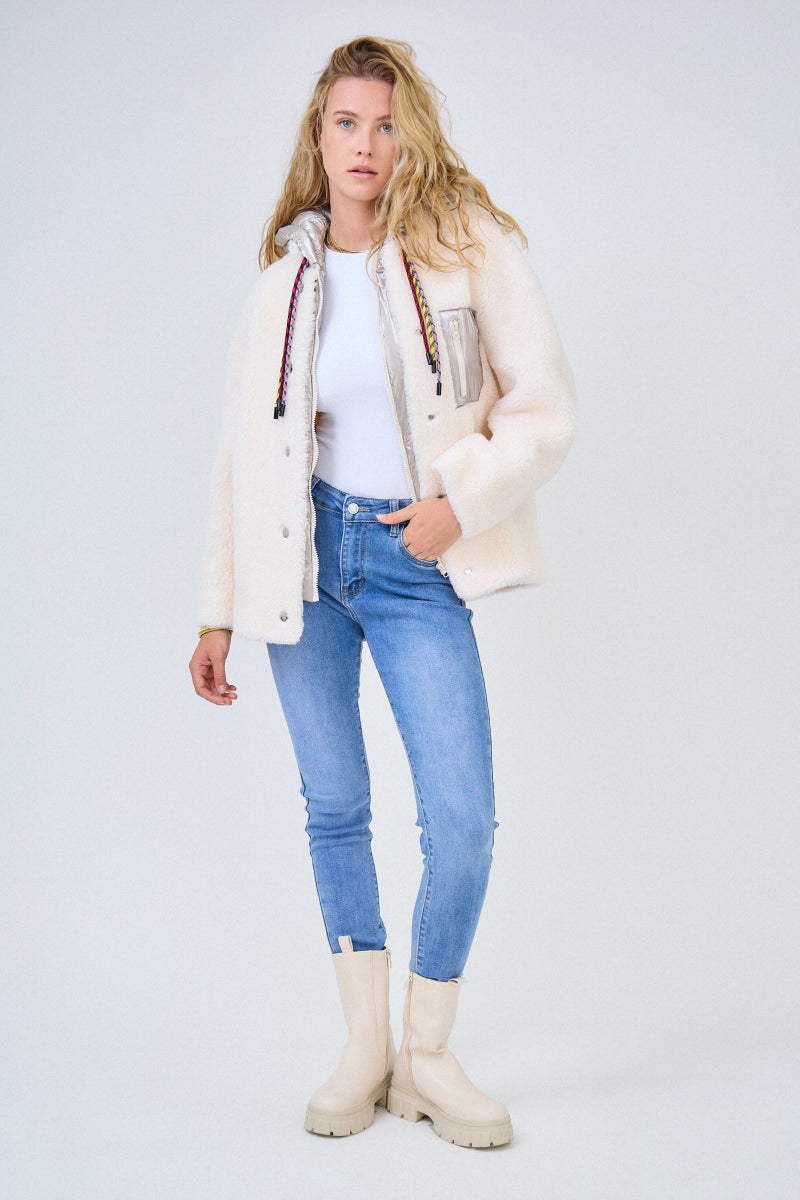 Veste bi - matière écru en shearling avec capuche brillante amovible - RIVE GAUCHE