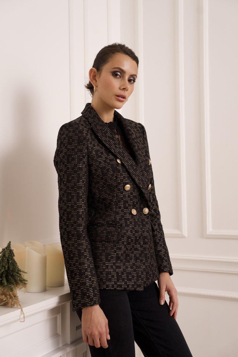 Veste blazer cintrée tweed avec boutonnage croisé noire - RIVE GAUCHE