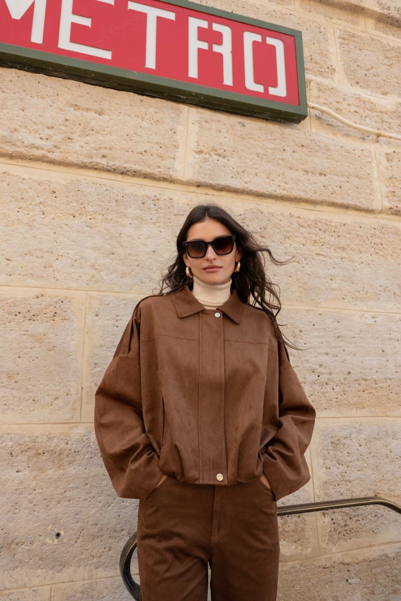 Veste bomber oversize camel en suédine coupe ample - RIVE GAUCHE