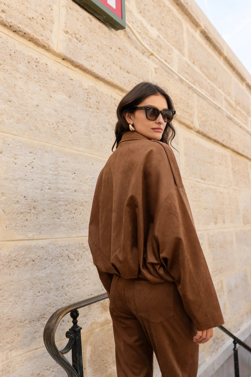 Veste bomber oversize camel en suédine coupe ample - RIVE GAUCHE