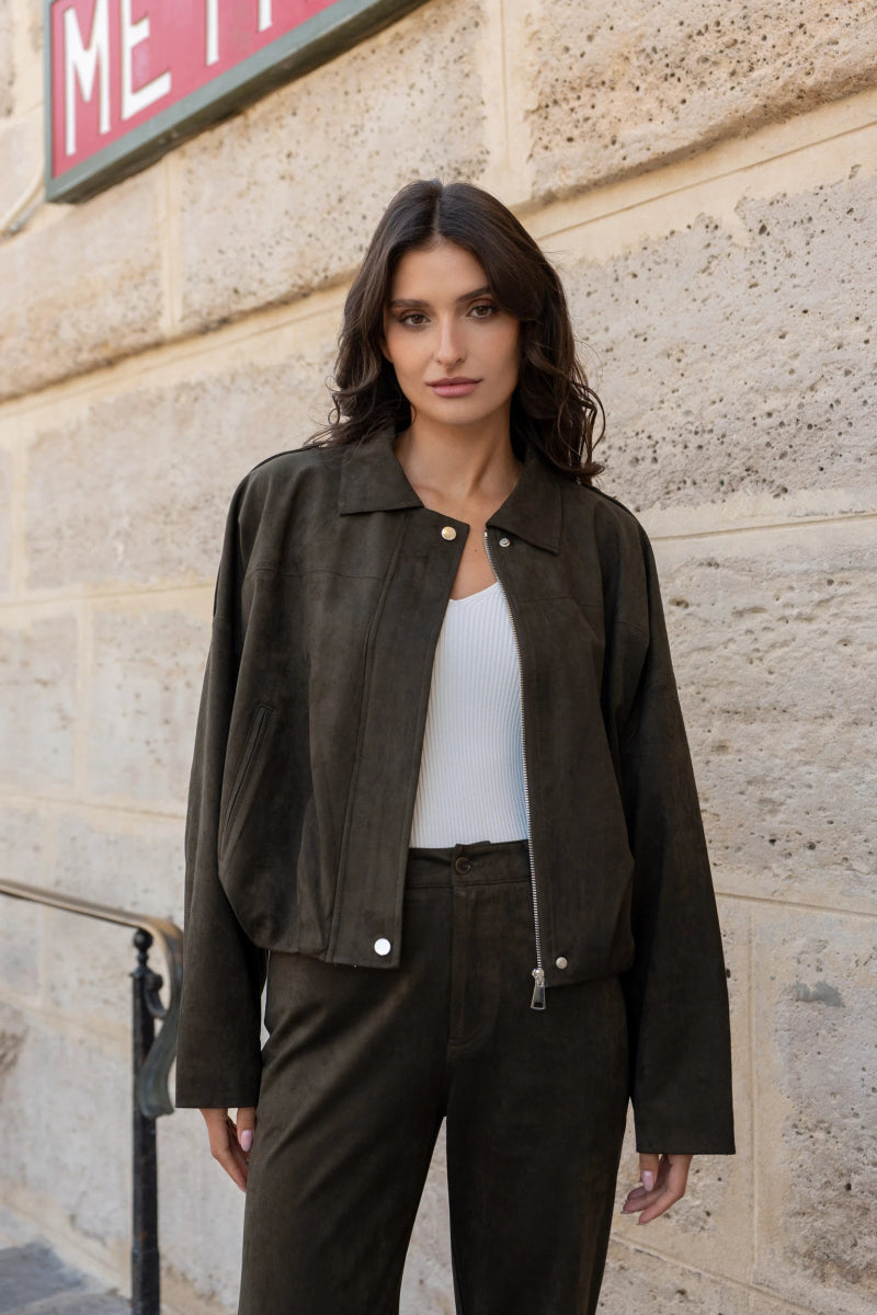 Veste bomber oversize kaki en suédine coupe ample - RIVE GAUCHE