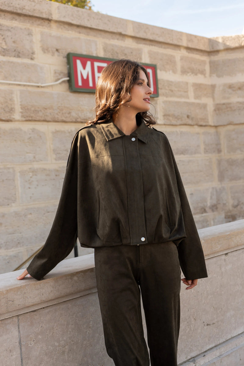 Veste bomber oversize kaki en suédine coupe ample - RIVE GAUCHE