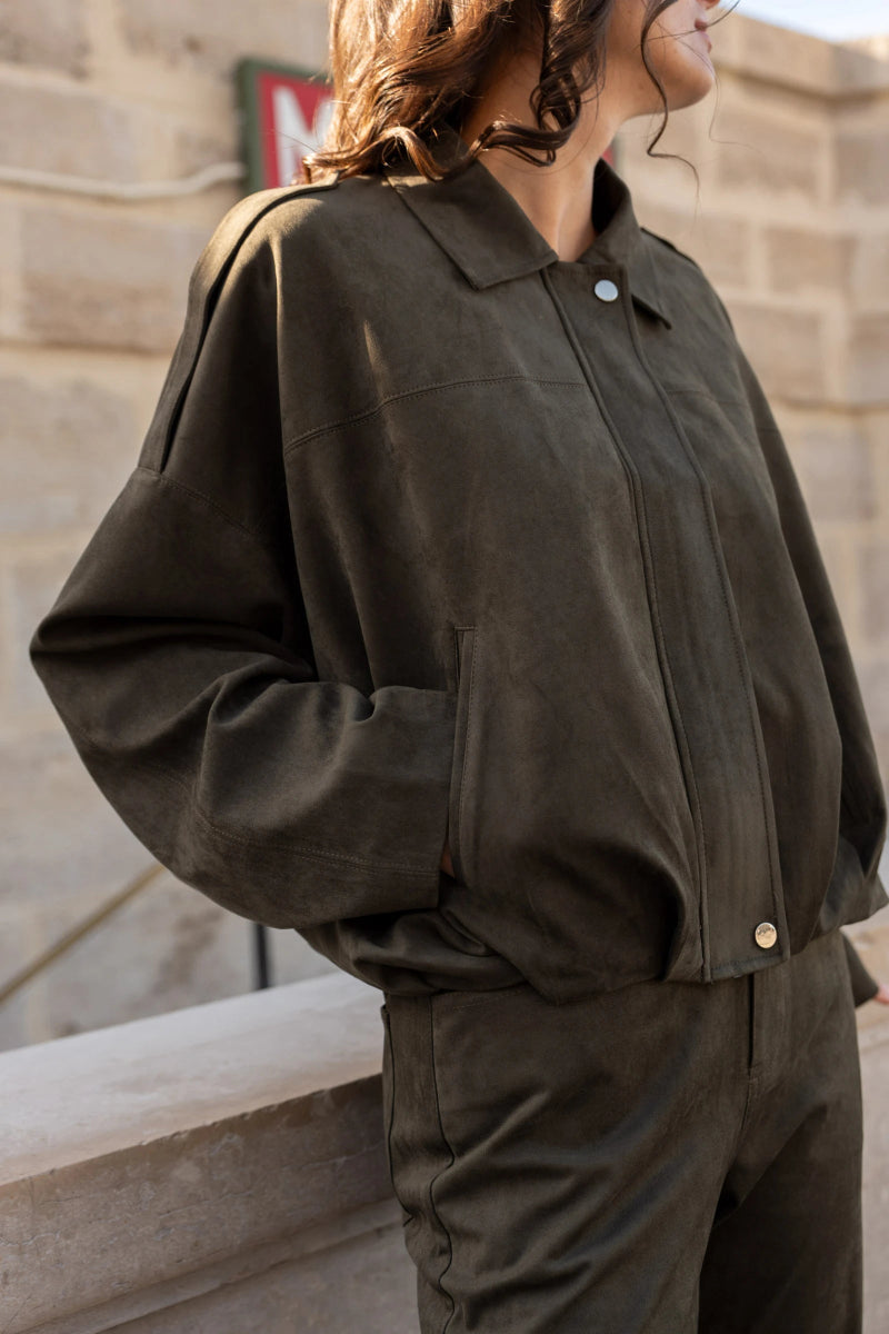 Veste bomber oversize kaki en suédine coupe ample - RIVE GAUCHE