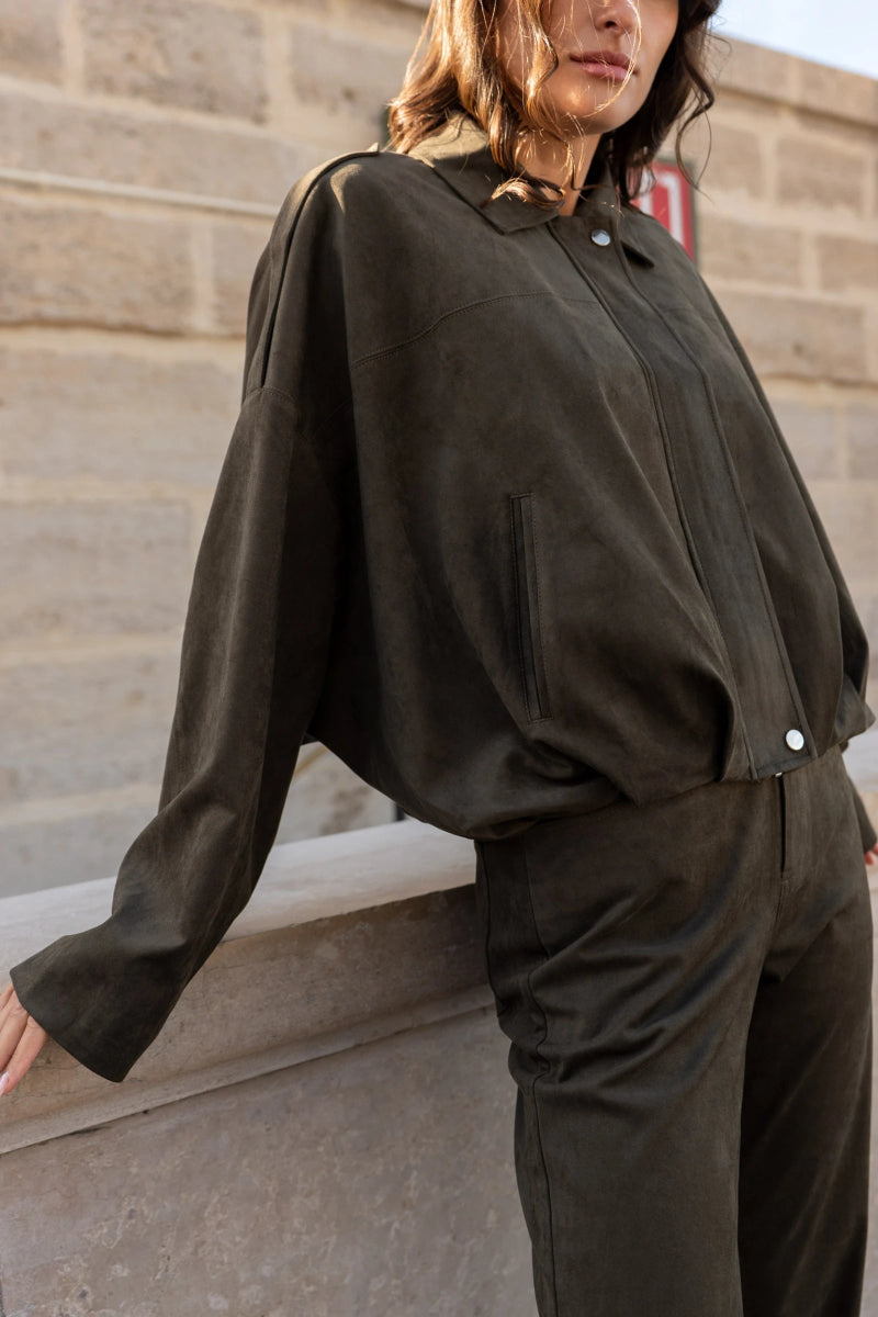 Veste bomber oversize kaki en suédine coupe ample - RIVE GAUCHE