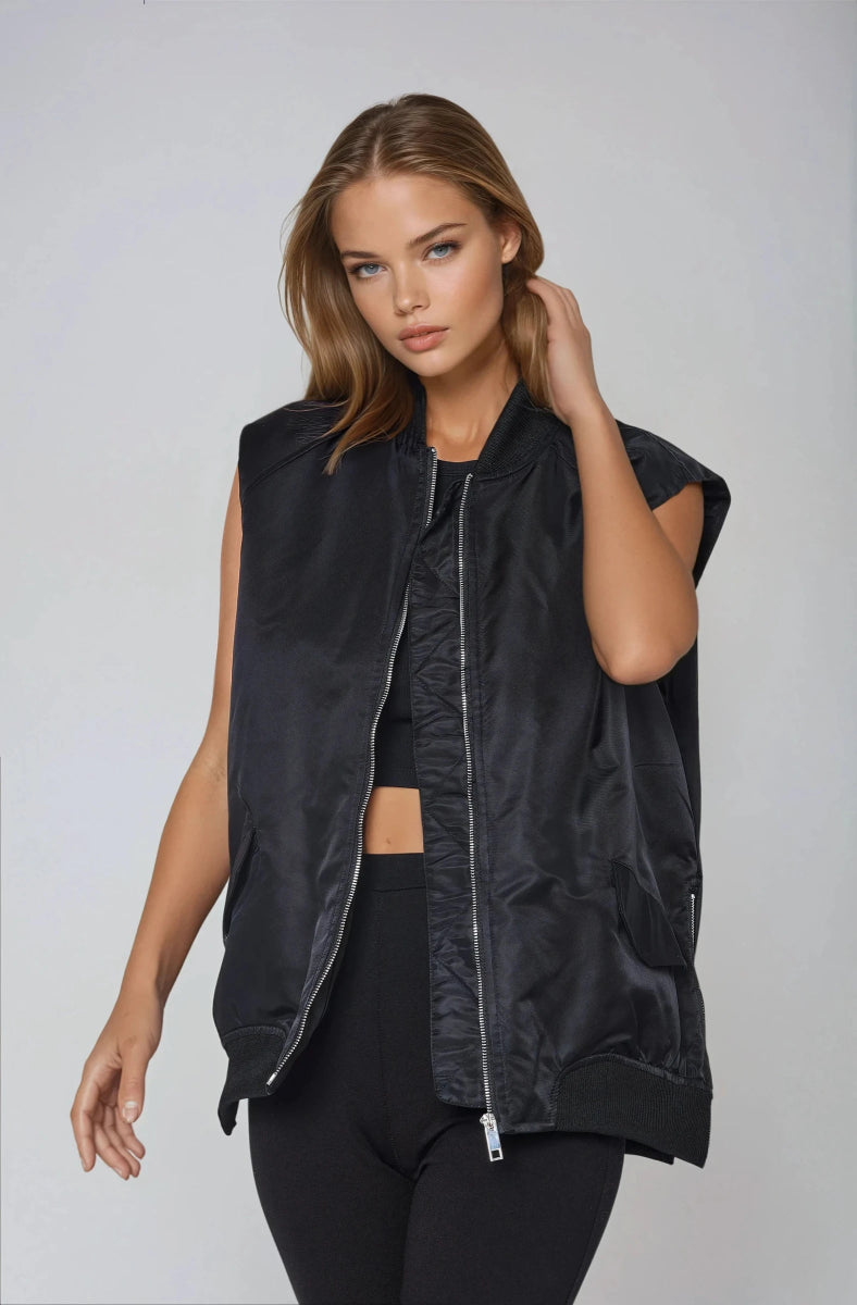 Veste bomber oversize noire en k - way sans manches - RIVE GAUCHE