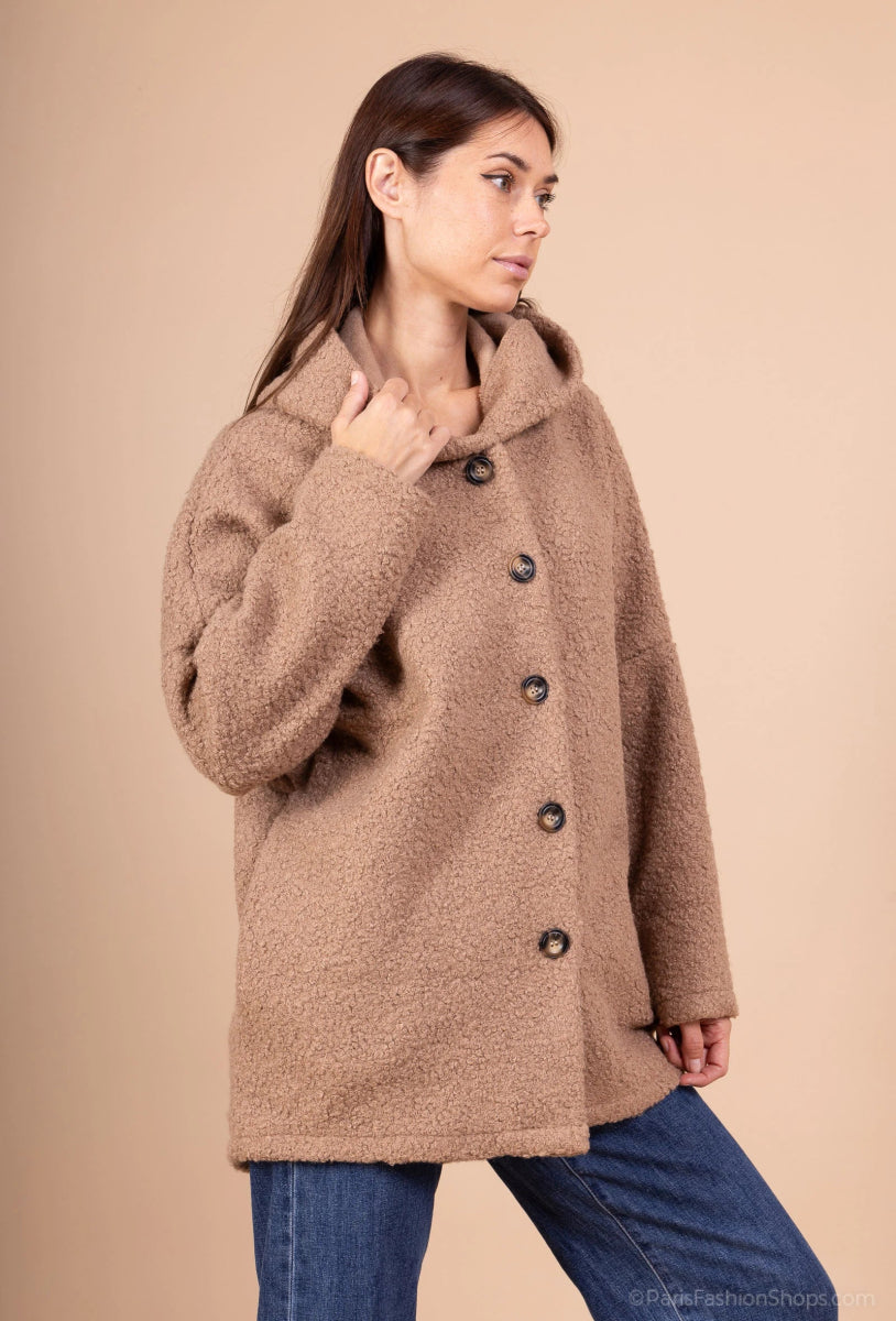 Veste boutonnée en bouclette à capuche camel - RIVE GAUCHE