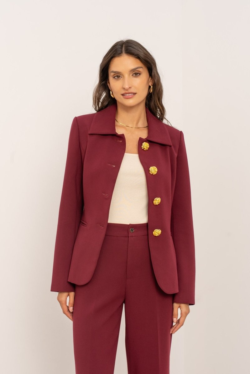Veste cintrée bordeaux Aura avec col chemise structuré et boutons dorés - RIVE GAUCHE