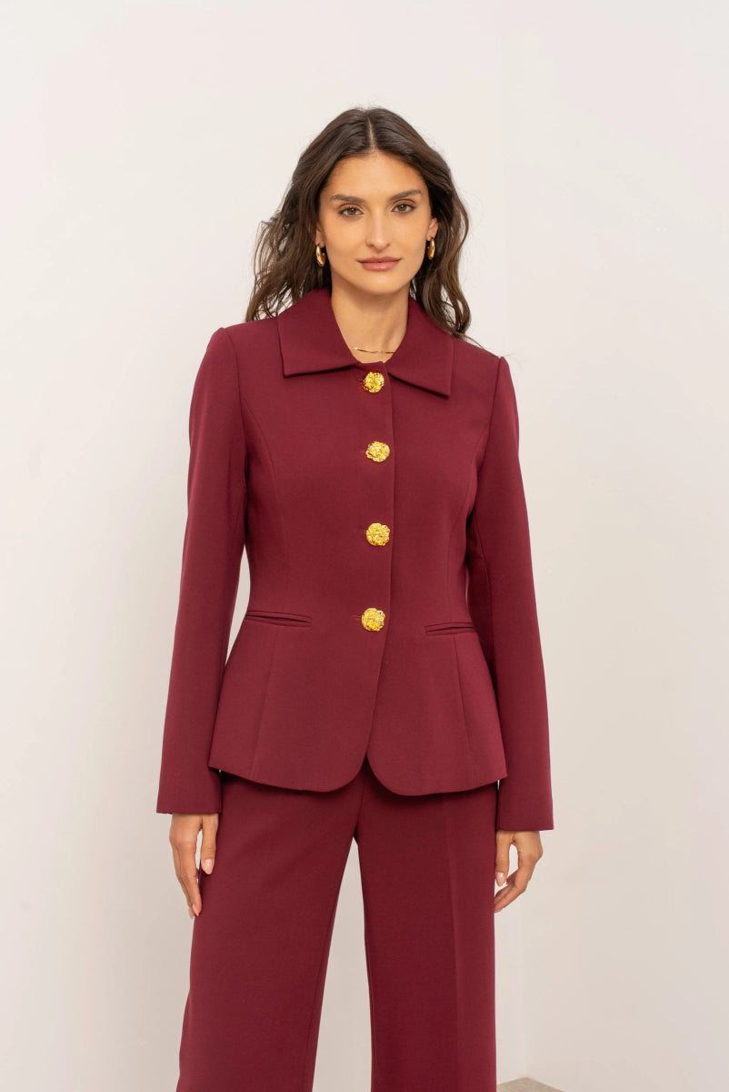 Veste cintrée bordeaux Aura avec col chemise structuré et boutons dorés - RIVE GAUCHE