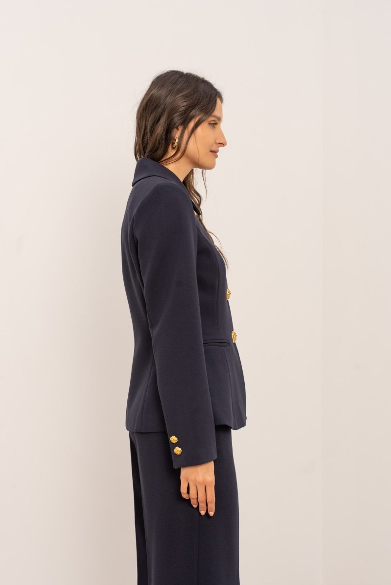 Veste cintrée marine Aura avec col chemise structuré et boutons dorés - RIVE GAUCHE