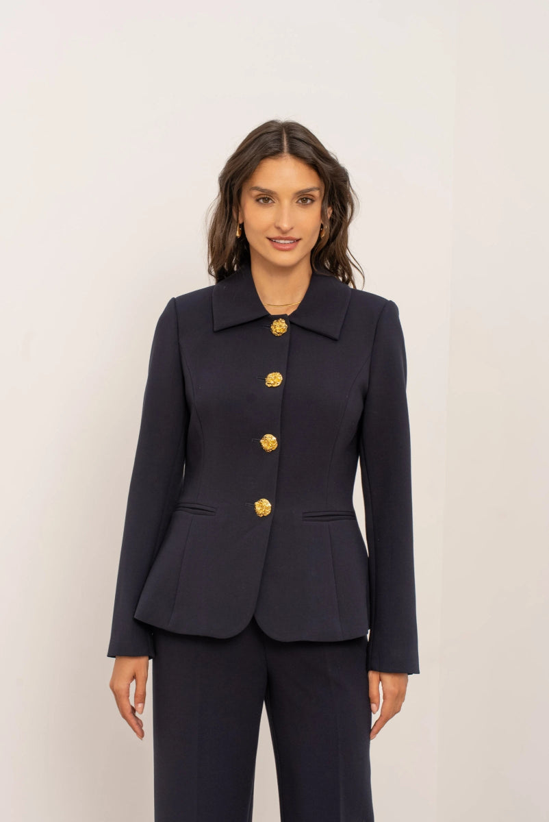 Veste cintrée marine Aura avec col chemise structuré et boutons dorés - RIVE GAUCHE