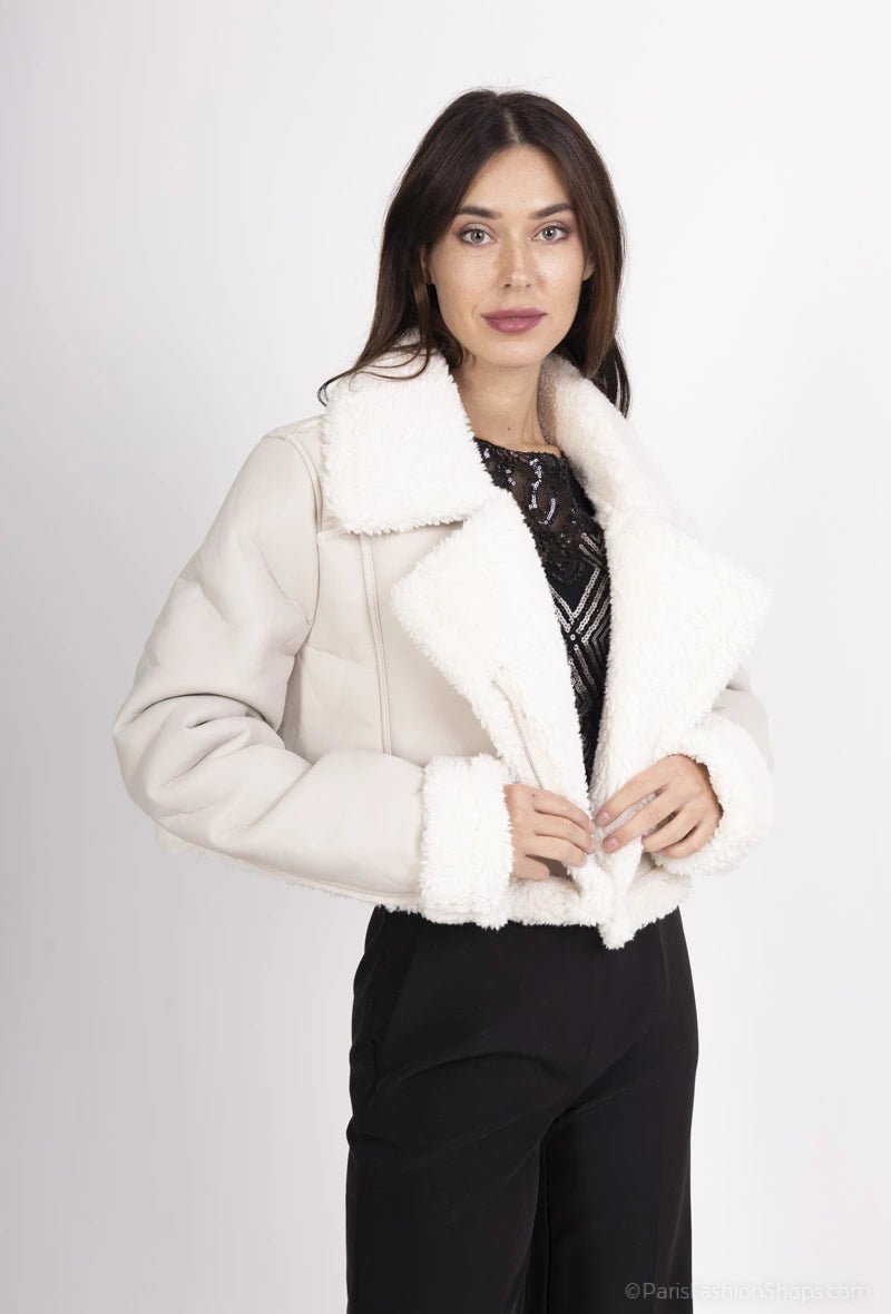 Veste courte croisée en daim synthétique beige et shearling - RIVE GAUCHE
