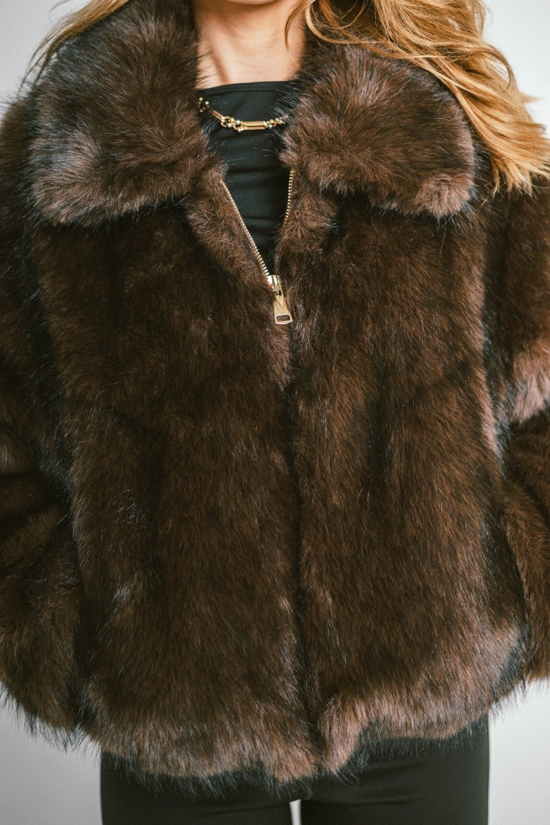 Veste courte en fourrure zippée chocolat - RIVE GAUCHE