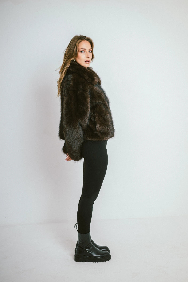 Veste courte en fourrure zippée chocolat - RIVE GAUCHE