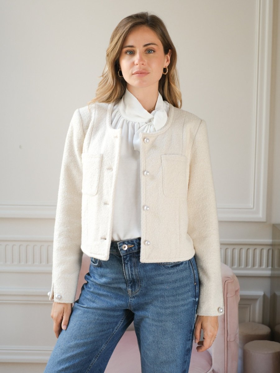 Veste courte en moumoute blanche à boutons perles - RIVE GAUCHE