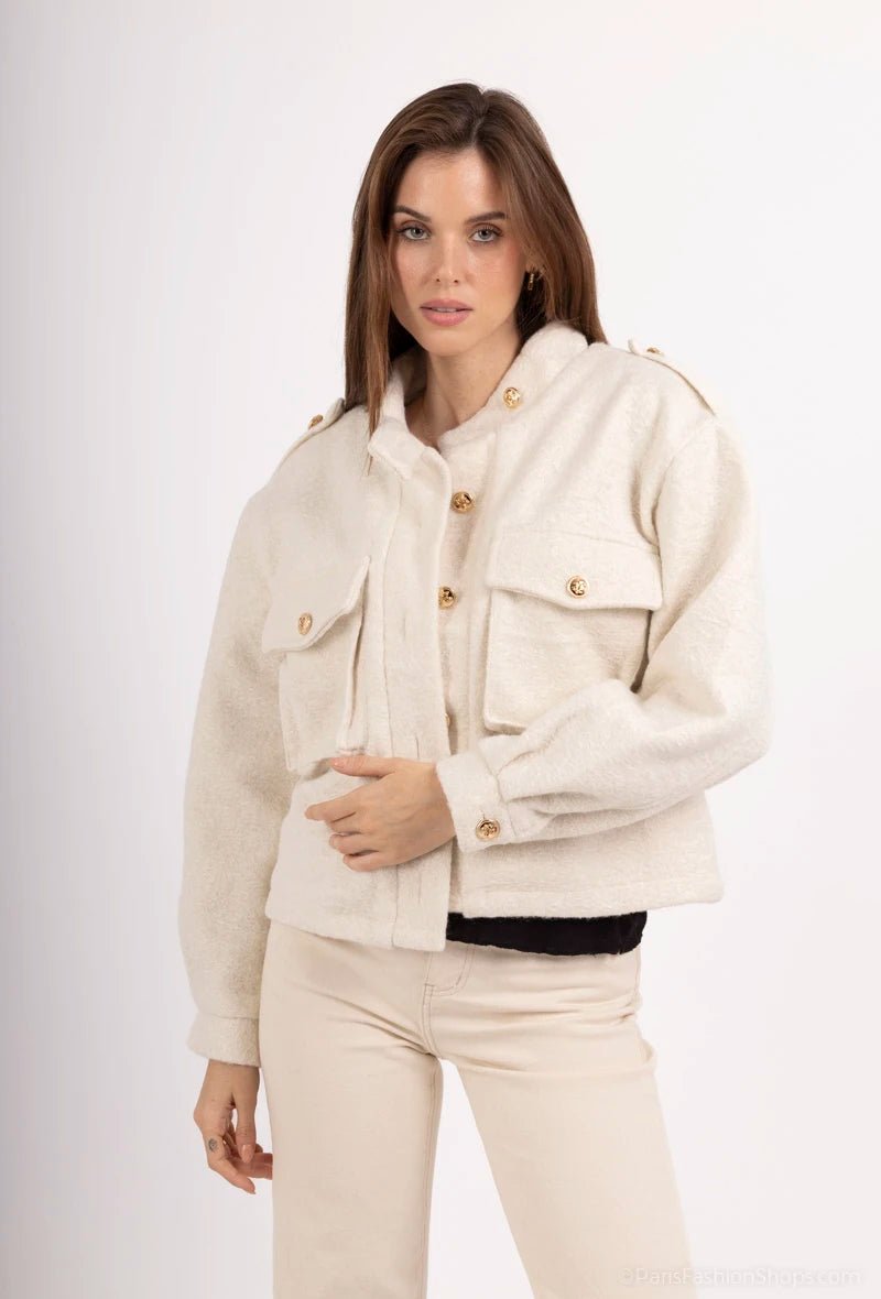 Veste courte en moumoute ivoire avec boutons dorés - RIVE GAUCHE