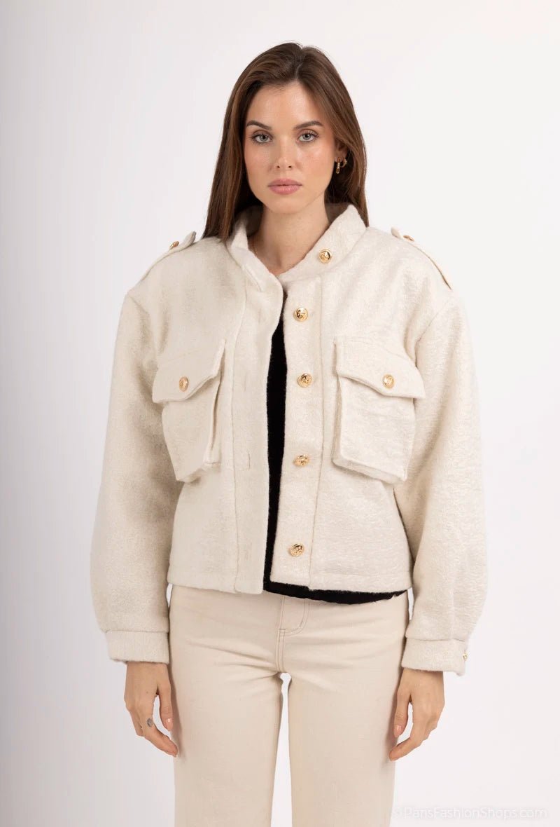 Veste courte en moumoute ivoire avec boutons dorés - RIVE GAUCHE