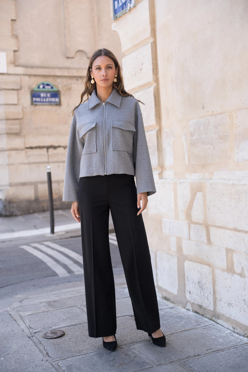Veste courte structurée grise en laine mélangée à poches plaquées - RIVE GAUCHE