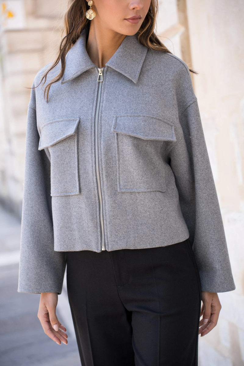 Veste courte structurée grise en laine mélangée à poches plaquées - RIVE GAUCHE
