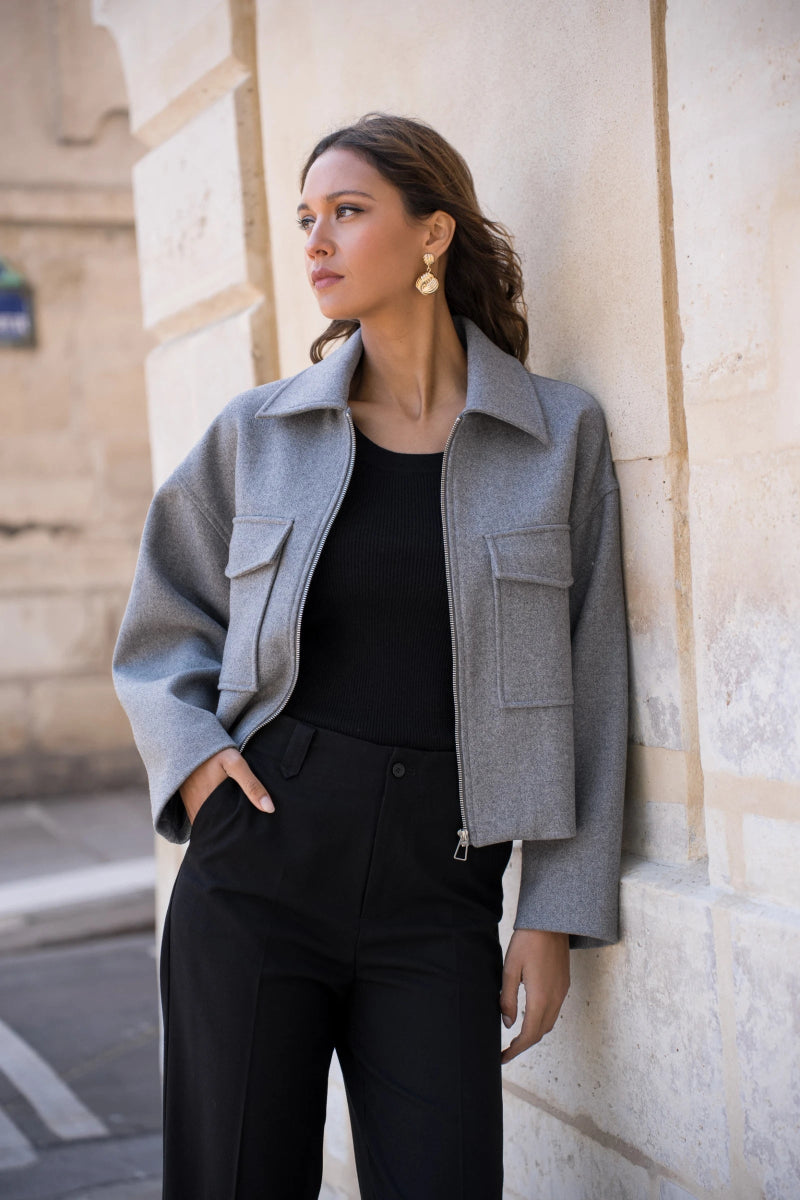 Veste courte structurée grise en laine mélangée à poches plaquées - RIVE GAUCHE