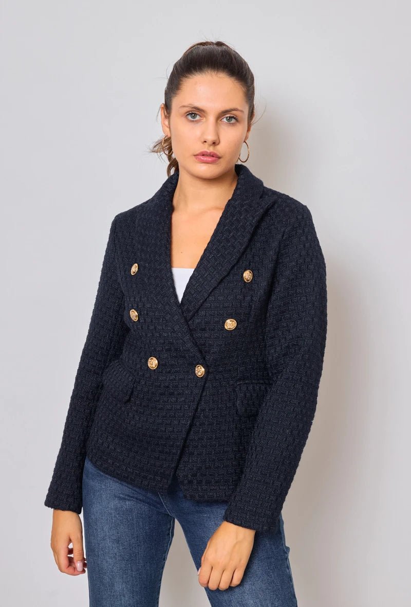 Veste croisée bleu marine en tweed - RIVE GAUCHE