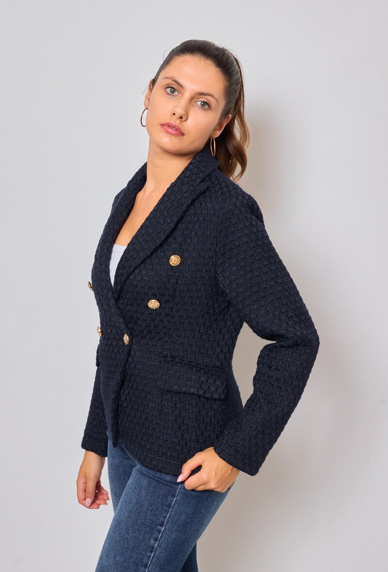 Veste croisée bleu marine en tweed - RIVE GAUCHE