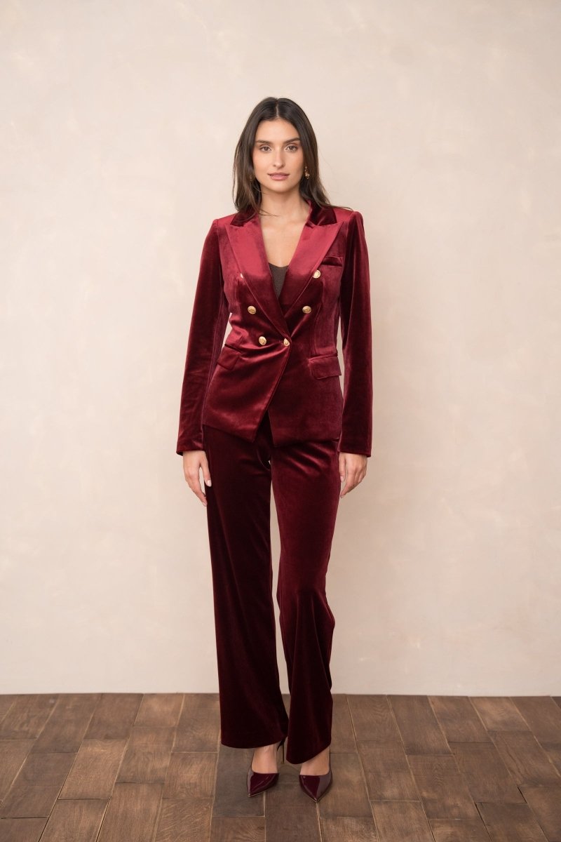 Veste de blazer Agathe cintrée en velours bordeaux avec boutonnage doré - RIVE GAUCHE