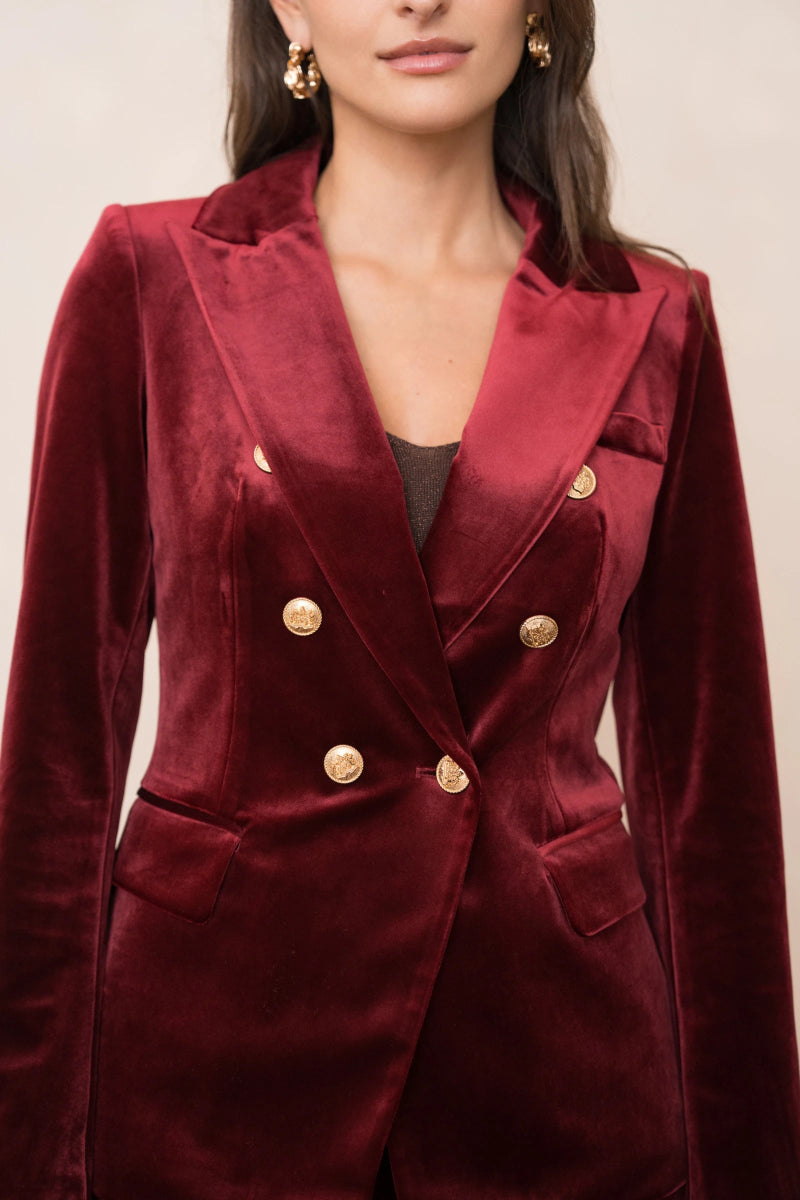Veste de blazer Agathe cintrée en velours bordeaux avec boutonnage doré - RIVE GAUCHE