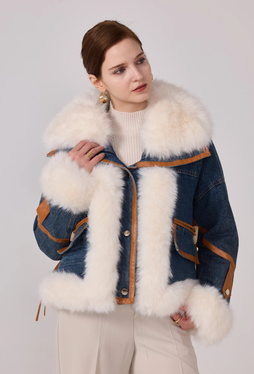 Veste denim bleu courte à fourrure - RIVE GAUCHE