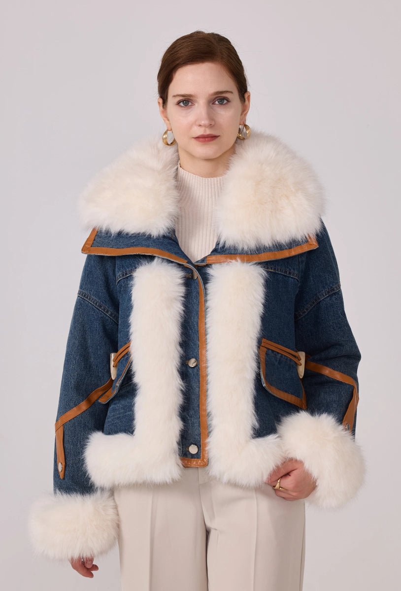 Veste denim bleu courte à fourrure - RIVE GAUCHE